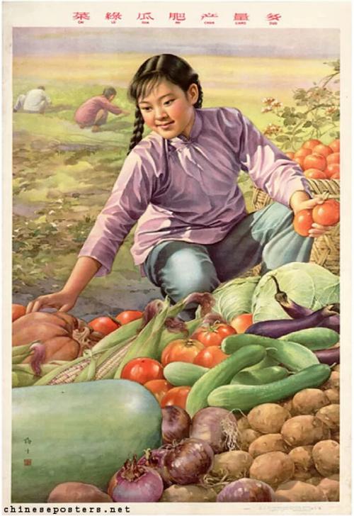 《菜绿瓜肥产量多》数字档案版：紫衣农妇田间摘菜，瓜蔬堆叠，顶部美术字标题与金梅生落款