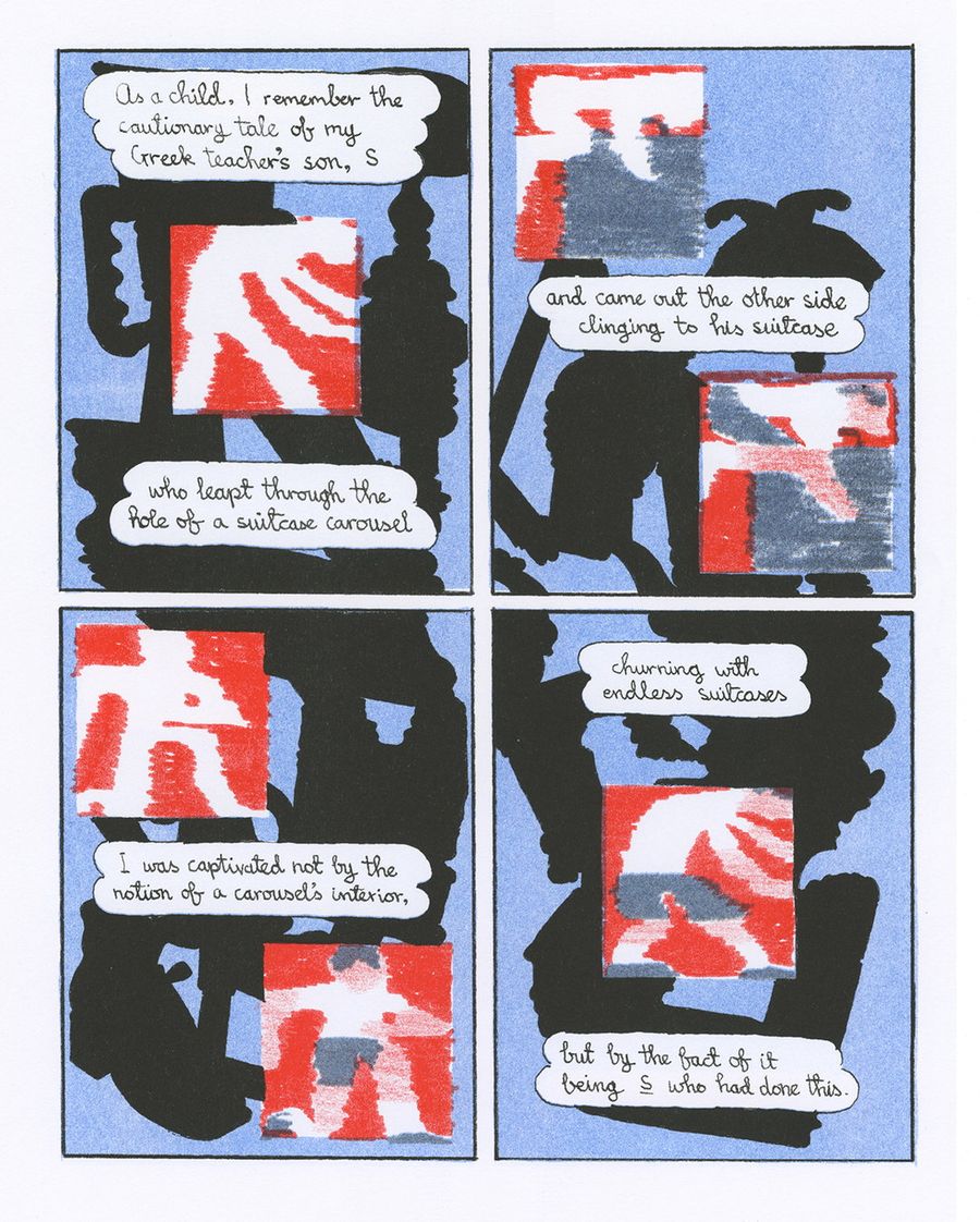 William Goldsmith 四格漫画：蓝底黑剪影与红白色块