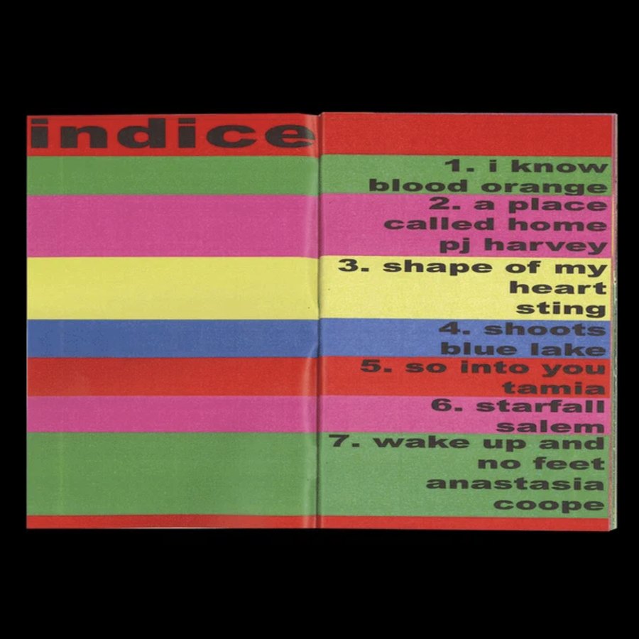 Núria Balinha 的 zine 内页：彩色横条纹上排着目录文字 indice