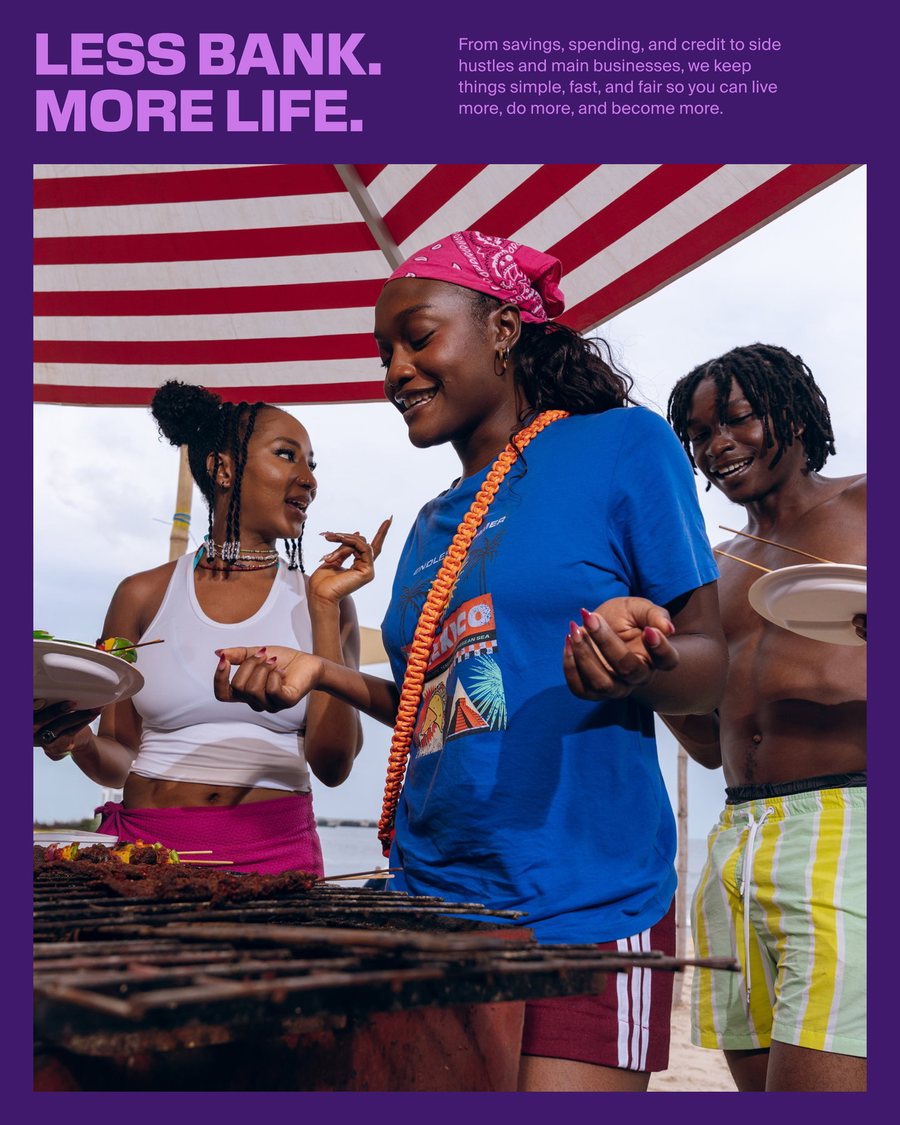 Kuda 海报：紫色底上『LESS BANK. MORE LIFE.』标语，下方是海滩烧烤的人群
