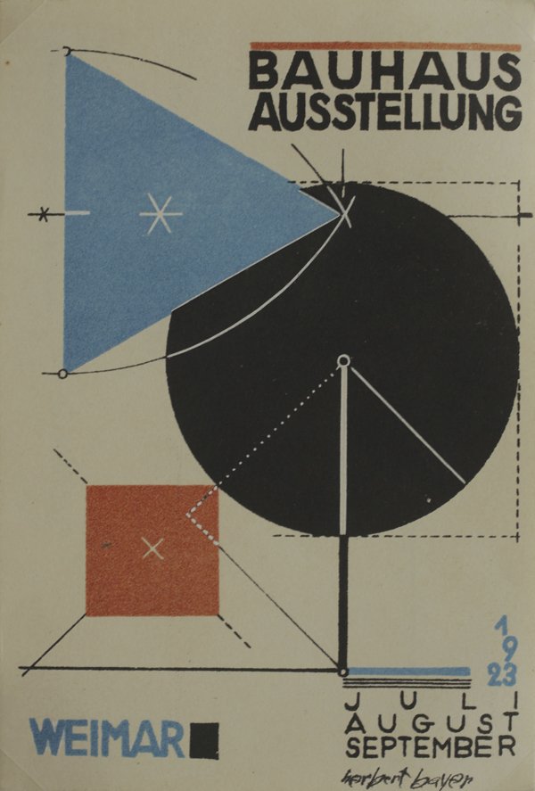 1923 年包豪斯魏玛展览海报：蓝三角、黑圆、红方与 BAUHAUS AUSSTELLUNG 字样