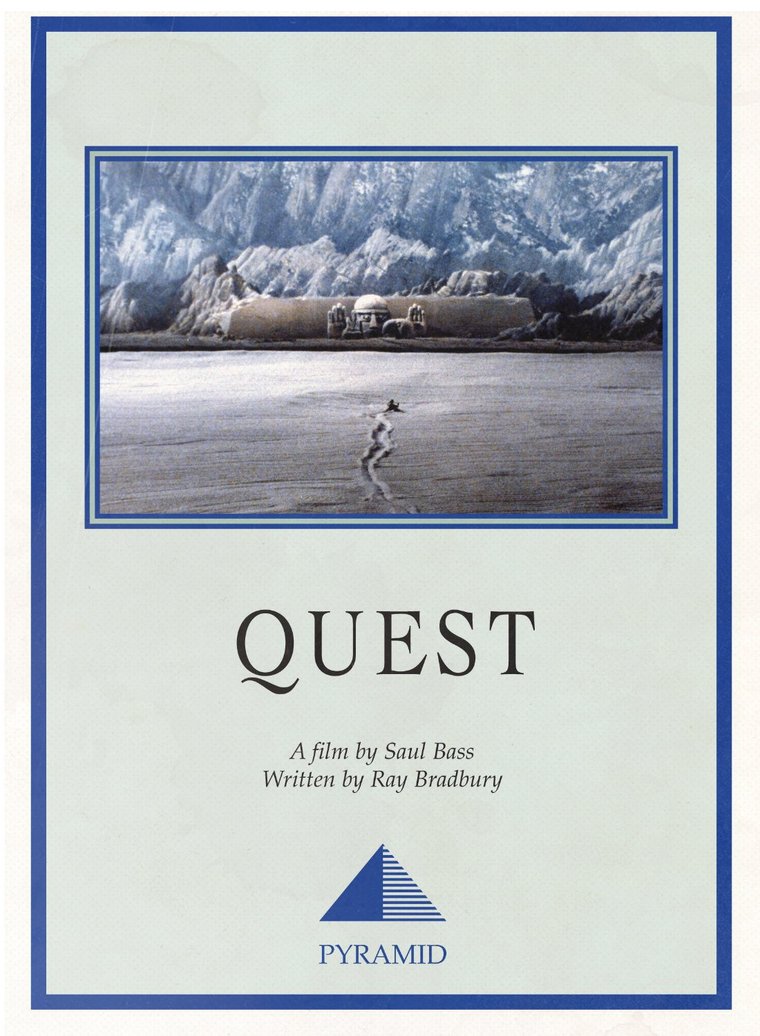 《Quest》海报：蓝色双线边框，QUEST 标题与 PYRAMID 三角标志